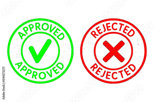 Approved checkmark and rejected cross grunge rubber stamps on a black background