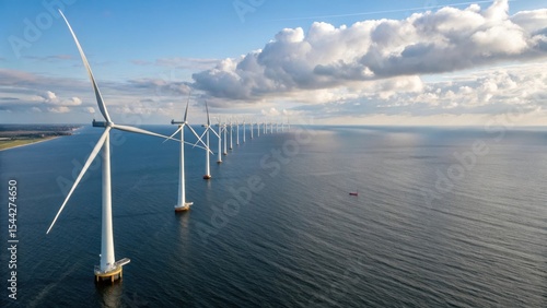 Offshore wind turbines generating clean energy over calm ocean
