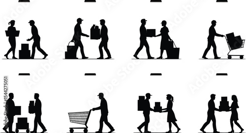 Silhouettes of people carrying boxes and shopping carts on white background