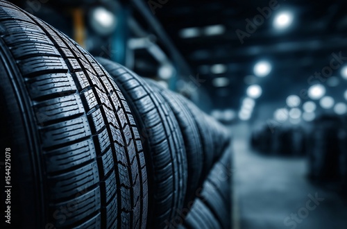 Close-up view of stacked car tires in a warehouse showcasing tire tread depth and texture.