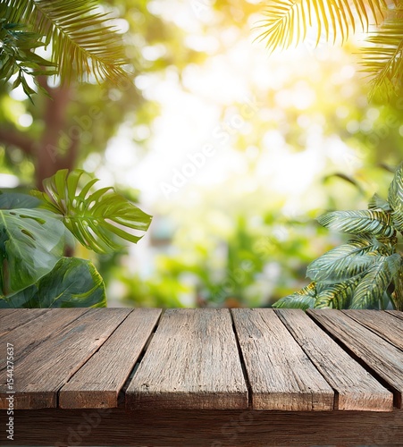 empty wooden table on green grass background