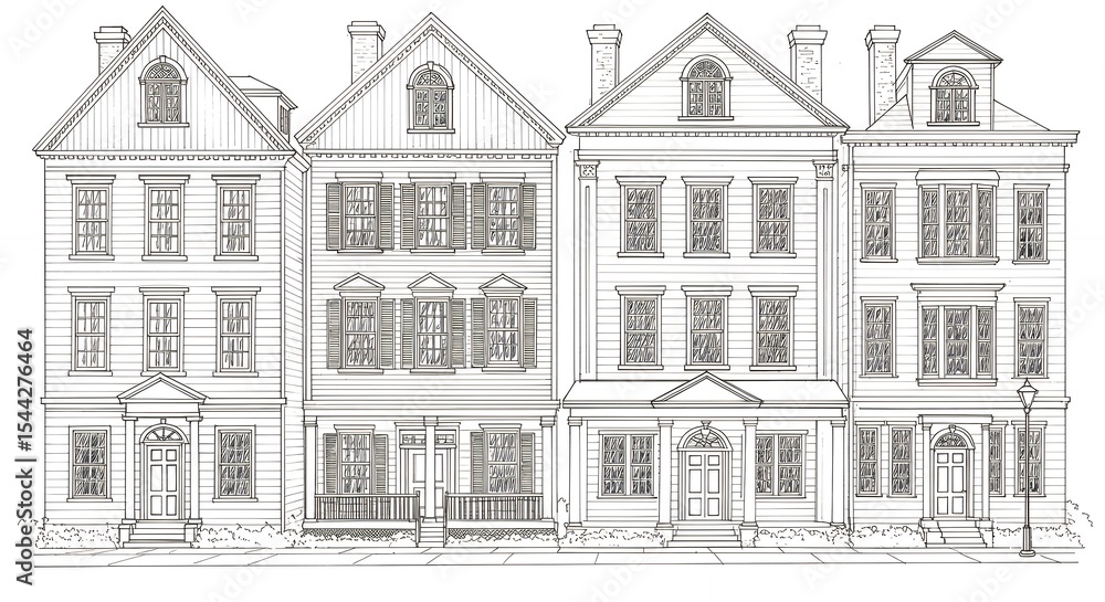 Fototapeta premium Three traditional buildings line drawing