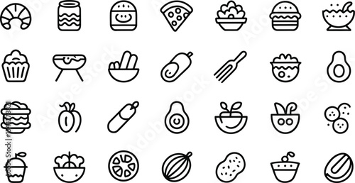 Collection of food icons arranged on a grid with a white background