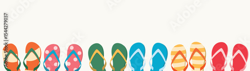 Colorful summer flip flops border banner. Slippers summertime set. Travel,vacation, rest concept.	
