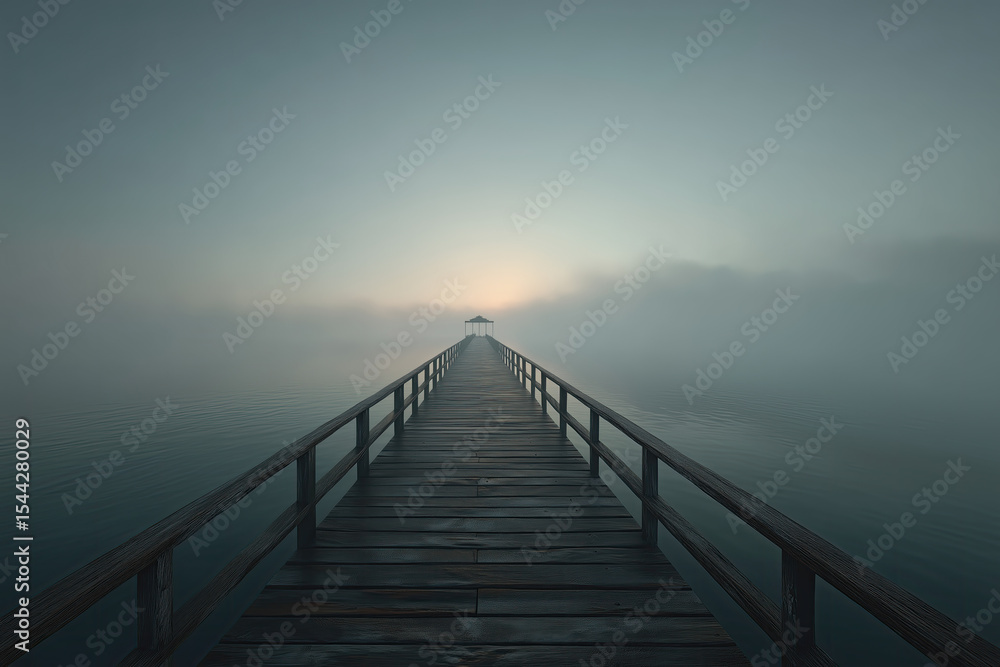 Naklejka premium Minimal Wooden Pier Leading into Calm Foggy Ocean with Centered Vanishing Point