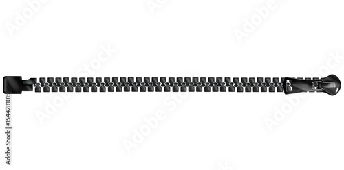 Realistic Black Zipper Isolated On White Background, Zip With Puller Vector Illustration.	