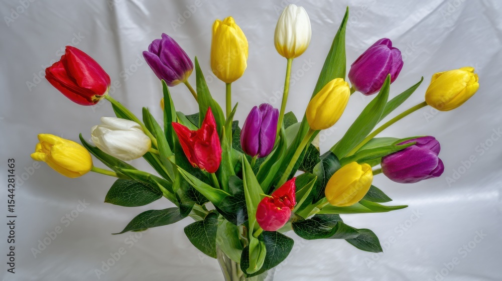 Naklejka premium Vibrant bouquet of tulips in clear vase with vivid red, sunny yellow, soft white, deep purple hues, tall green stems, broad pointed leaves, various bloom stages, elegant light background.
