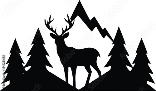mountain deer wild forest silhouette vector illustration