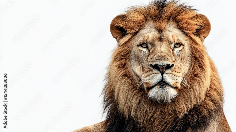 Fototapeta premium Majestic lion portrait with golden fur on white background