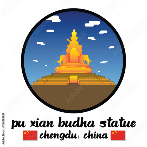 Circle Icon Pu Xian Budha Statue. Vector illustration