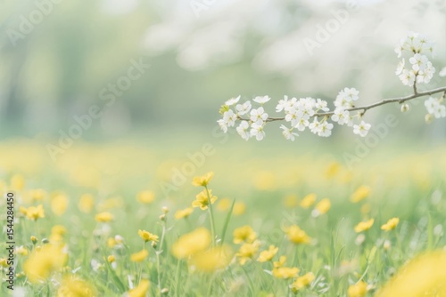 Springtime Scene with White Blossoms and Yellow Flowers in a Softly Lit Meadow