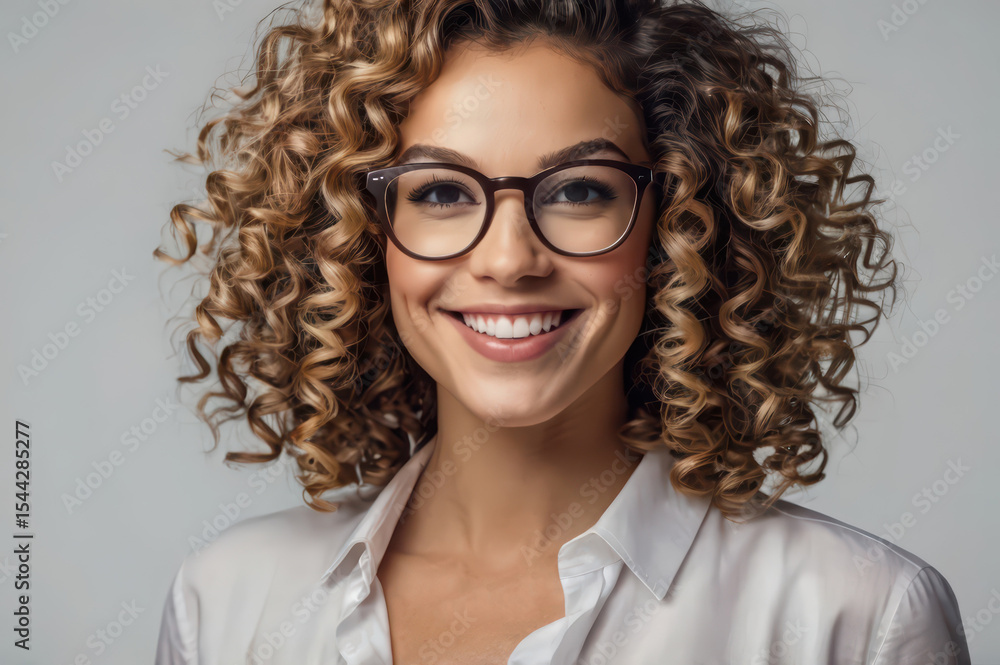 Obraz premium Portrait of a smiling woman with curly hair wearing glasses and a white button down shirt on a gray background