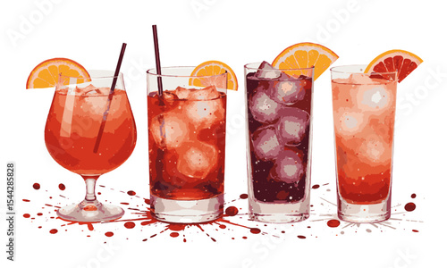 Modern vector illustration of artistic cocktail drinks glasses arranged in a single horizontal row,  each in a distinct glass style, arranged in a horizontal sequence. Use crisp, easily editable.
