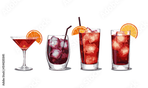 Modern vector illustration of artistic cocktail drinks glasses arranged in a single horizontal row,  each in a distinct glass style, arranged in a horizontal sequence. Use crisp, easily editable.