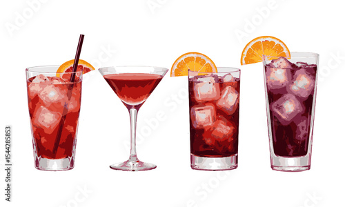 Modern vector illustration of artistic cocktail drinks glasses arranged in a single horizontal row,  each in a distinct glass style, arranged in a horizontal sequence. Use crisp, easily editable.