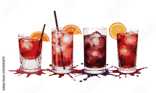 Modern vector illustration of artistic cocktail drinks glasses arranged in a single horizontal row,  each in a distinct glass style, arranged in a horizontal sequence. Use crisp, easily editable.