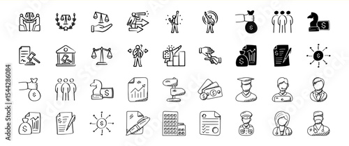 Black and White Hand Drawn Business and Finance Icons Collection