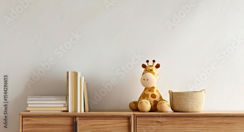 Minimalist nursery scene with warm tones white wall backdrop and wooden sideboard decorated with colorful baby toys