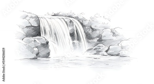 Waterfall illustration pencil sketch grayscale