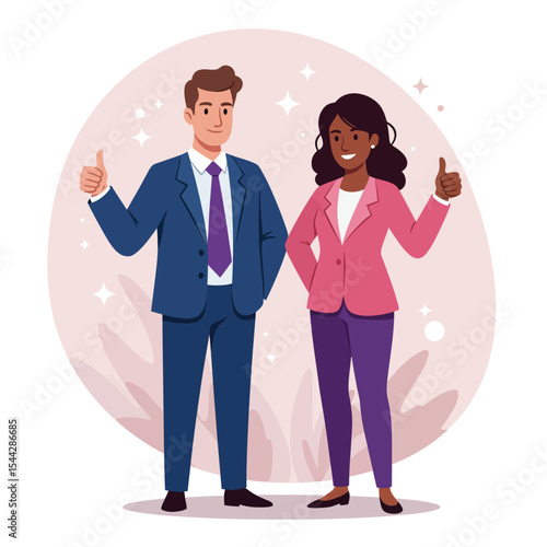Two businesspeople one male one female giving a thumbsup in professional attire with a light pink background