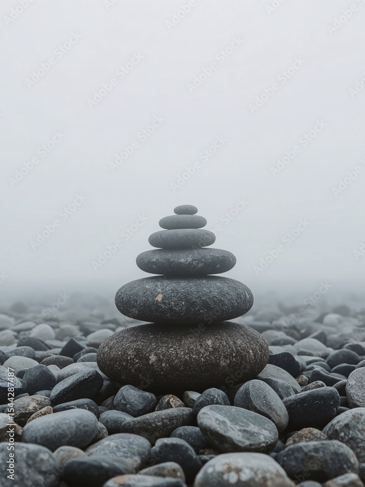 Stacked Dark Rough Grey Stones in Soft White Mist – Minimal Zen Composition. Stacked Dark Rough Grey Stones in Soft White Mist – Minimal Zen Composition.