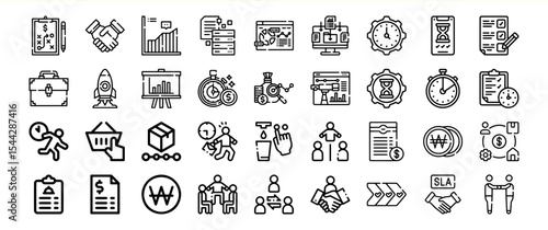 Black and White Line Icon Collection Business Strategy Planning Time Management
