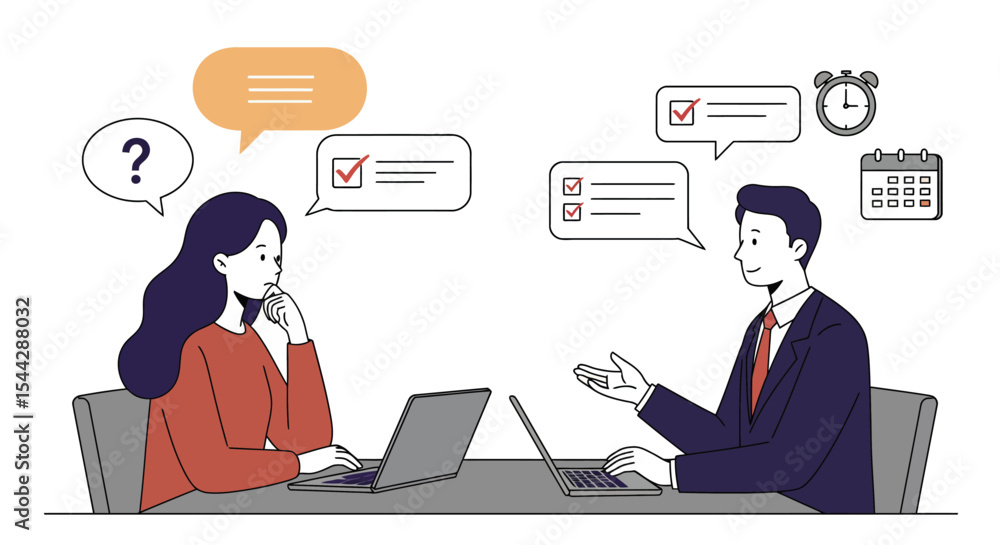 Two people at laptops are engaged in a discussion accompanied by task and question bubbles Two people at laptops are engaged in a discussion accompanied by task and question bubbles