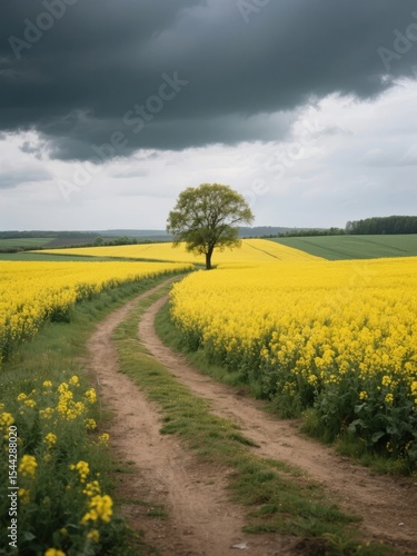 A solitary tree stands amidst vibrant yellow rapeseed fields under a moody sky.