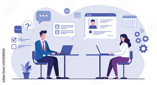 Two individuals seated at tables with laptops amidst floating speech bubbles icons and stylized graphics