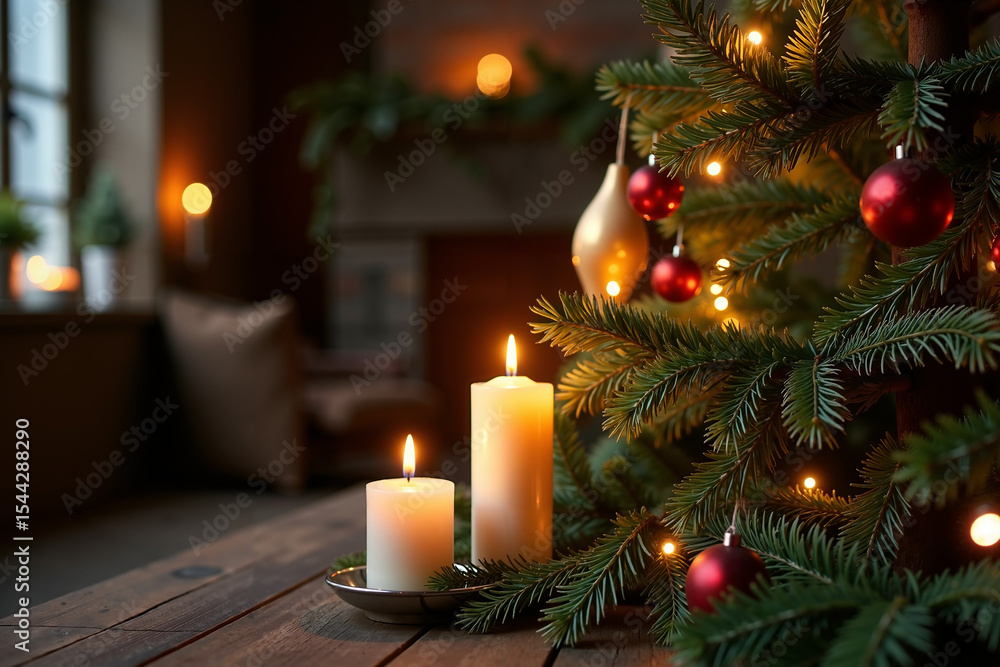 Cozy Christmas scene with decorated tree and lit candles on wooden table Cozy Christmas scene with decorated tree and lit candles on wooden table