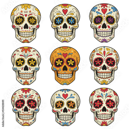Nine decorative cartoonish sugar skulls with colorful floral  heart designs are arranged on a white background