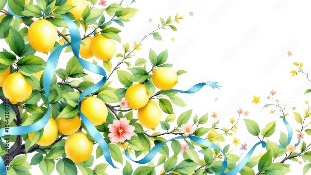 The Bright Yellow Citrus Fresh Lemons on the Tree with Ribbons The Bright Yellow Citrus Fresh Lemons on the Tree with Ribbons