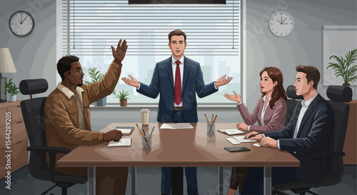 A business meeting with 4 people around a table in a lightfilled office one raising a hand