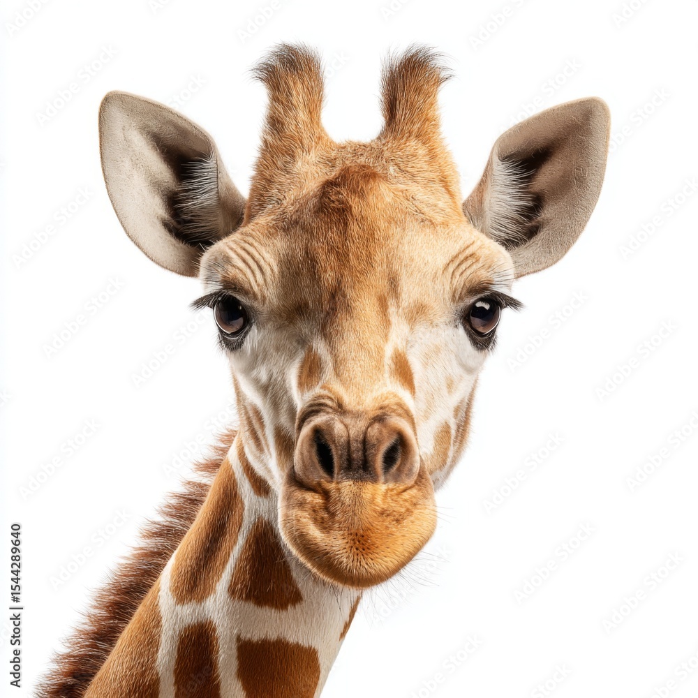 Fototapeta premium Close-up Portrait of a Giraffe with Distinctive Features Against a White Background Capturing Animal Majesty and Charm