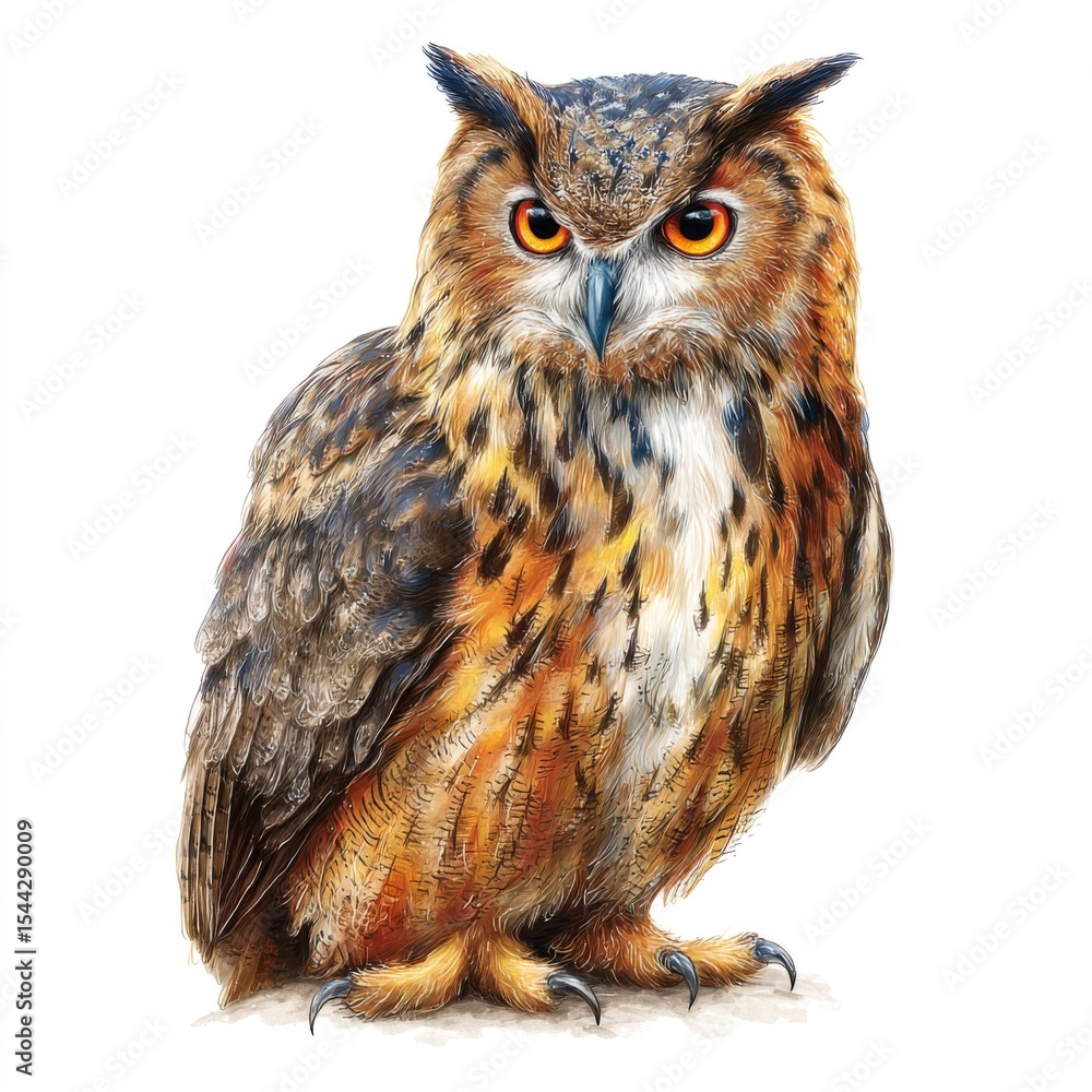 Naklejka premium Detailed depiction of a majestic owl with striking orange eyes and textured plumage perched on a branch in a natural setting