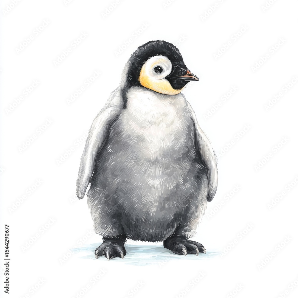 Obraz premium Cute and Adorable Baby Penguin Standing on Ice with Fluffy Feathers in a Bright White Background