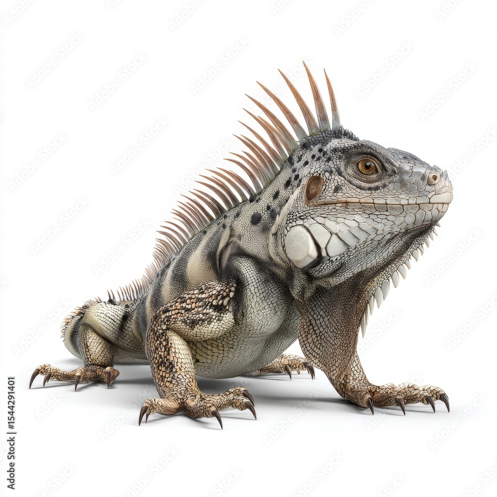 Fototapeta premium Realistic Iguana with Detailed Scales and Unique Features Posing on White Background, Ideal for Nature and Animal Themes