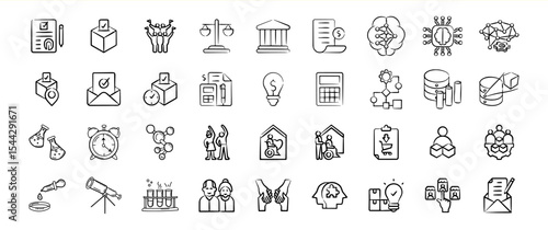 Collection of Hand Drawn Black and White Icons Business Finance Science Voting