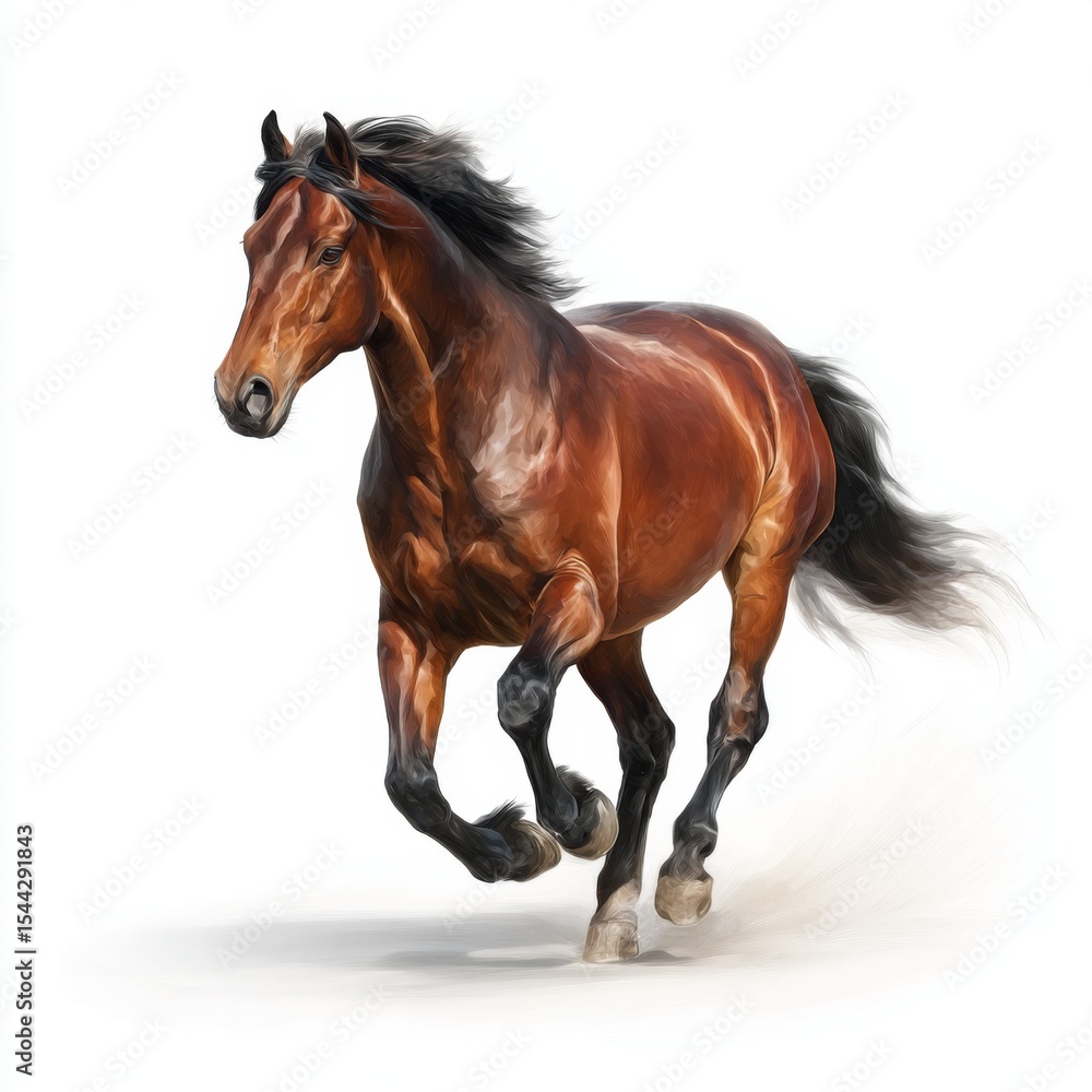 Obraz premium Majestic brown horse galloping across a blank canvas evoking freedom, beauty, and strength in motion, perfect for equine enthusiasts
