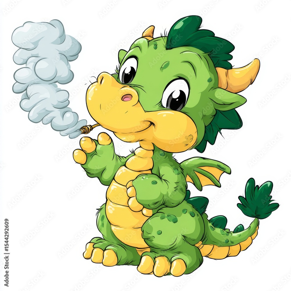 Fototapeta premium Cute cartoon dragon character with friendly expression and whimsical smoke, perfect for children’s illustrations and fun designs