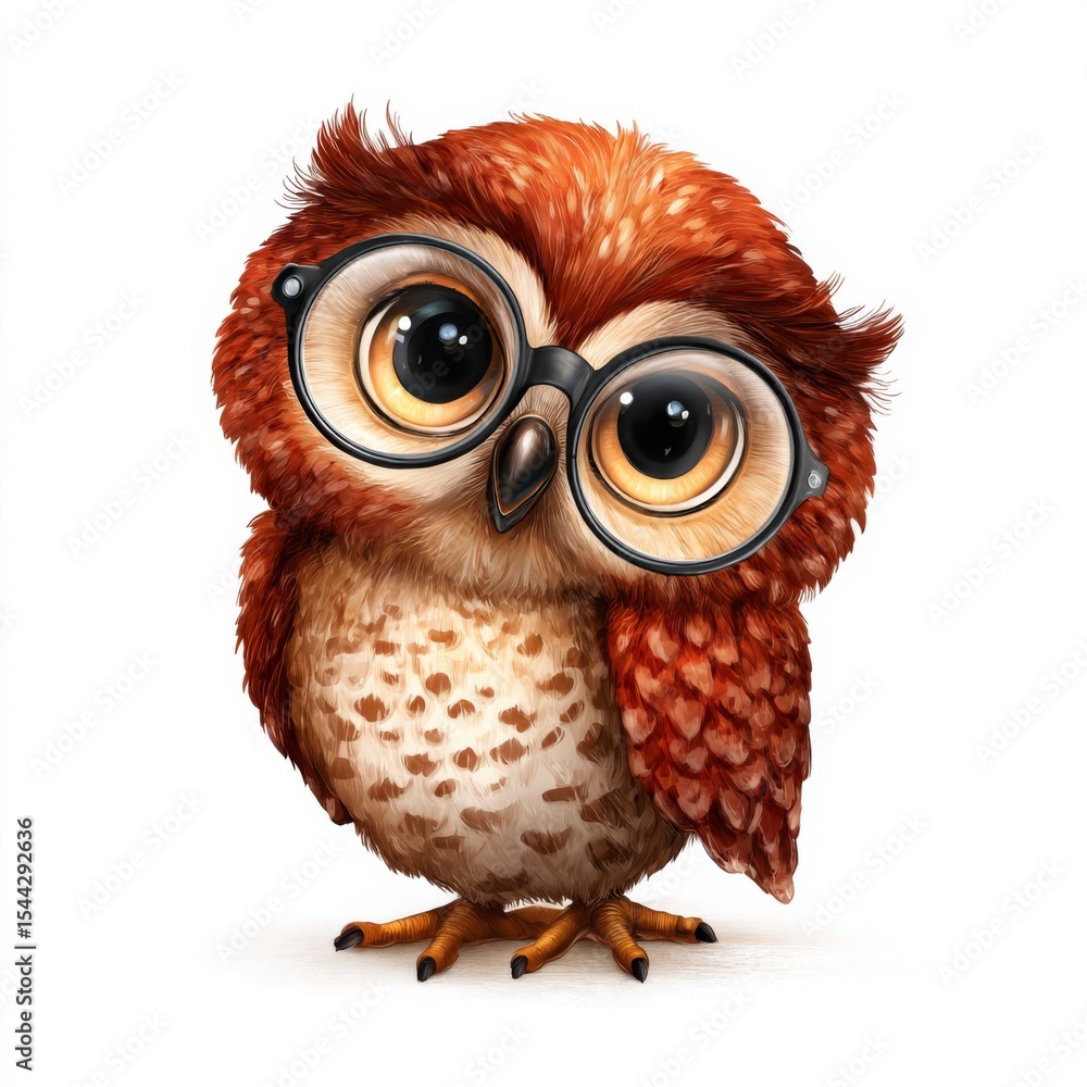 Naklejka premium Adorable cartoon owl character with glasses posing cutely, showcasing bright colors and friendly expression in digital art style