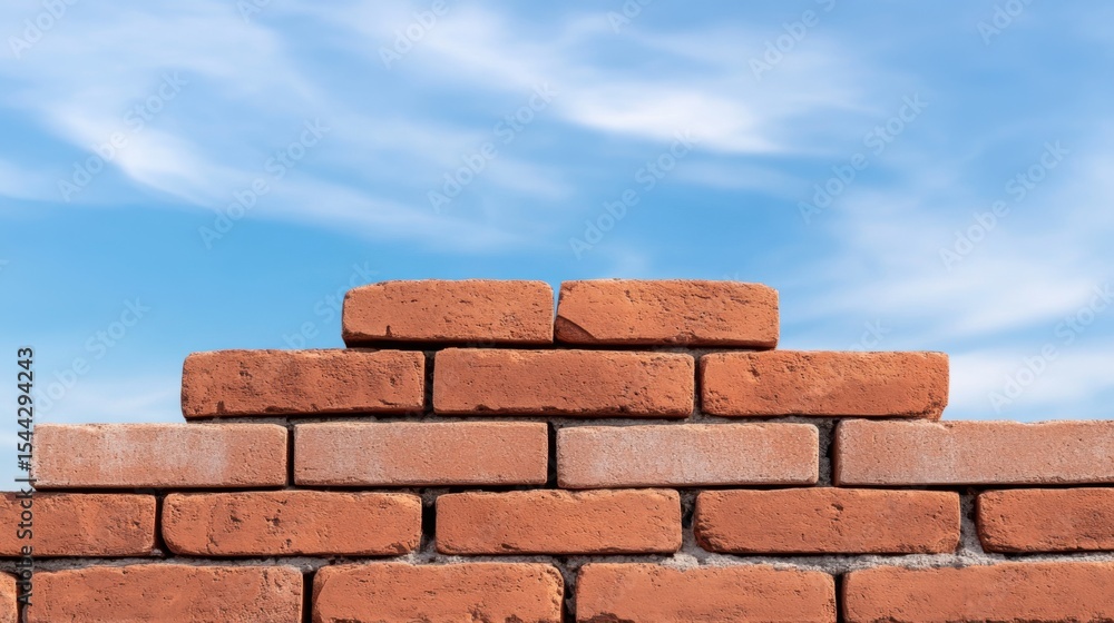 Fototapeta premium Stacked Brick Wall Against Bright Blue Sky with Fluffy White Clouds