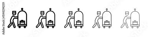 Bellboy with luggage cart icon black and white vector sign