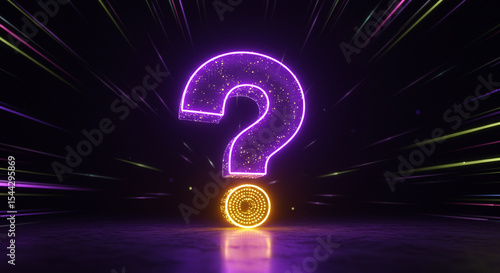 Electric purple neon question mark floating above glowing yellow lights, surrounded by radiant energy beams on a deep abstract dark background

