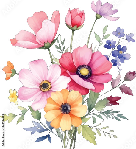 Wallpaper Mural Watercolor flower bouquet vector clipart. Colorful floral bouquet hand-drawn art. Elegant botanical vector flower design. Watercolor roses and wildflowers set Torontodigital.ca