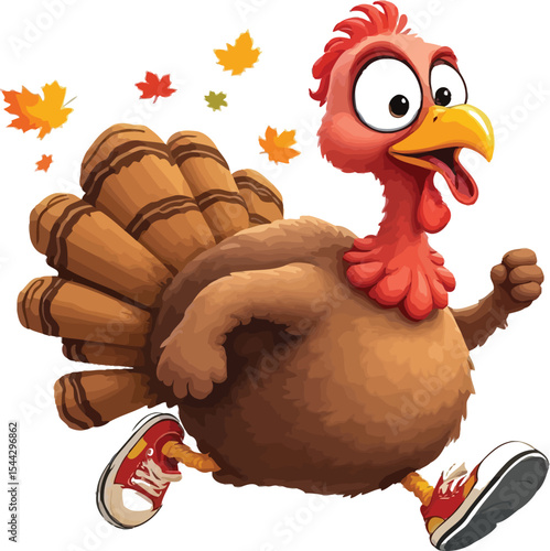Running Turkey Cartoon – Funny Thanksgiving Character with Red Sneakers and Autumn Leaves Background