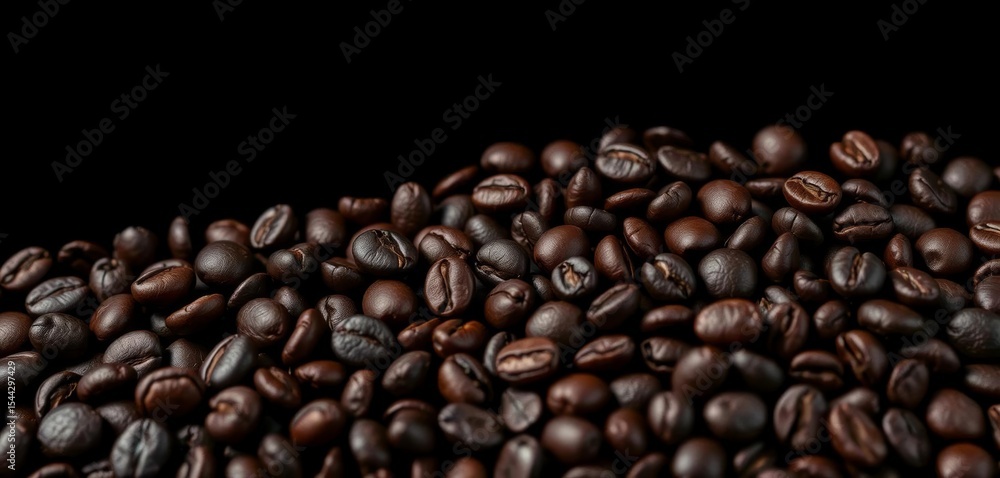 Fototapeta premium Intense close-up of dark roasted coffee beans against a black backdrop, photography, drink