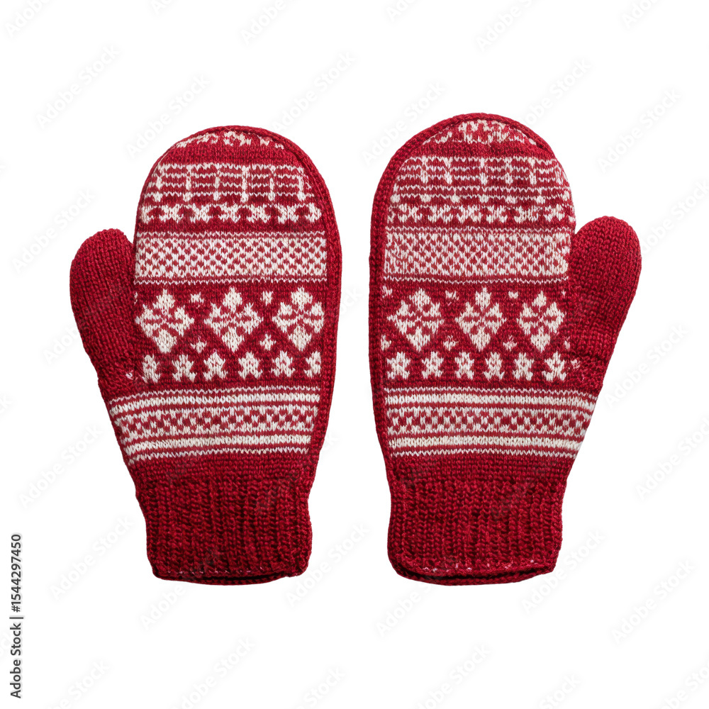 Cozy Red Mittens with Intricate White Patterns for Winter Fashion and Warmth Transparent background or png Cozy Red Mittens with Intricate White Patterns for Winter Fashion and Warmth Transparent background or png