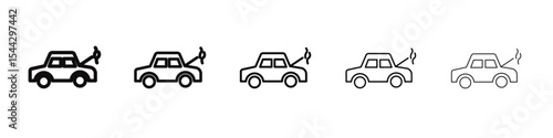 Broken car with open hood icon black and white vector sign