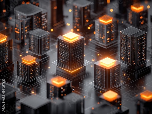 Isometric Illustration of Data Center with Modern Server Racks